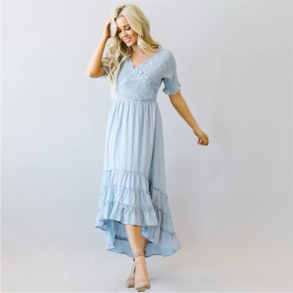Polagram Dusty Blue Modest Smocked Dress S